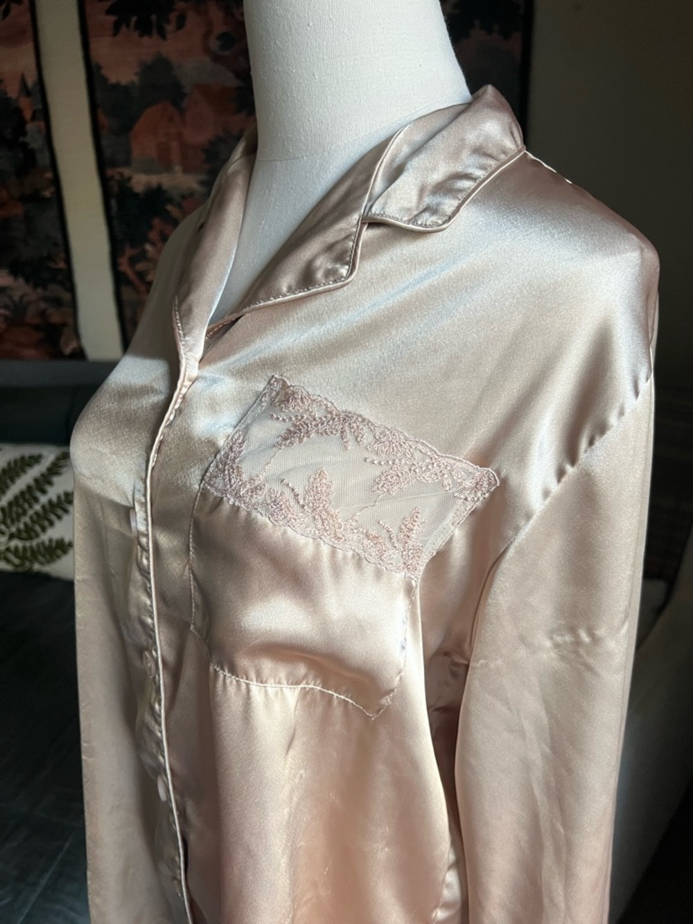 Cabernet Satin Lace-Trim Pajama Shirt - Gold